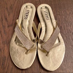 Metallic gold rhinestone flat sandals